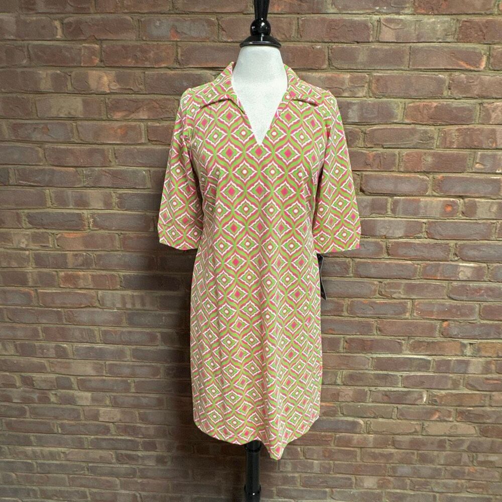 Katherine Way Women’s Pink & Green Collared Quarter Sleeve Sheath Dress Sz M NEW